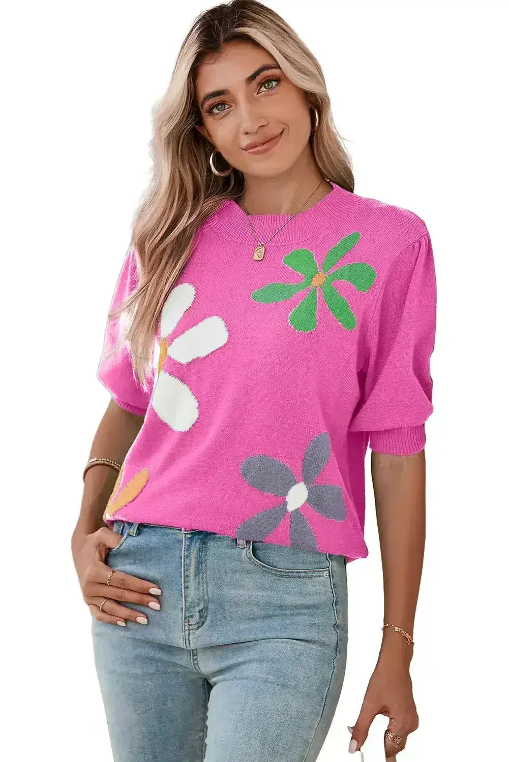Bright Green 60s Floral Bubble Short Sleeve Knitted Top - Femstylo