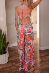 Multicolour Floral Print Halter Neck Wide Leg Jumpsuit - Femstylo