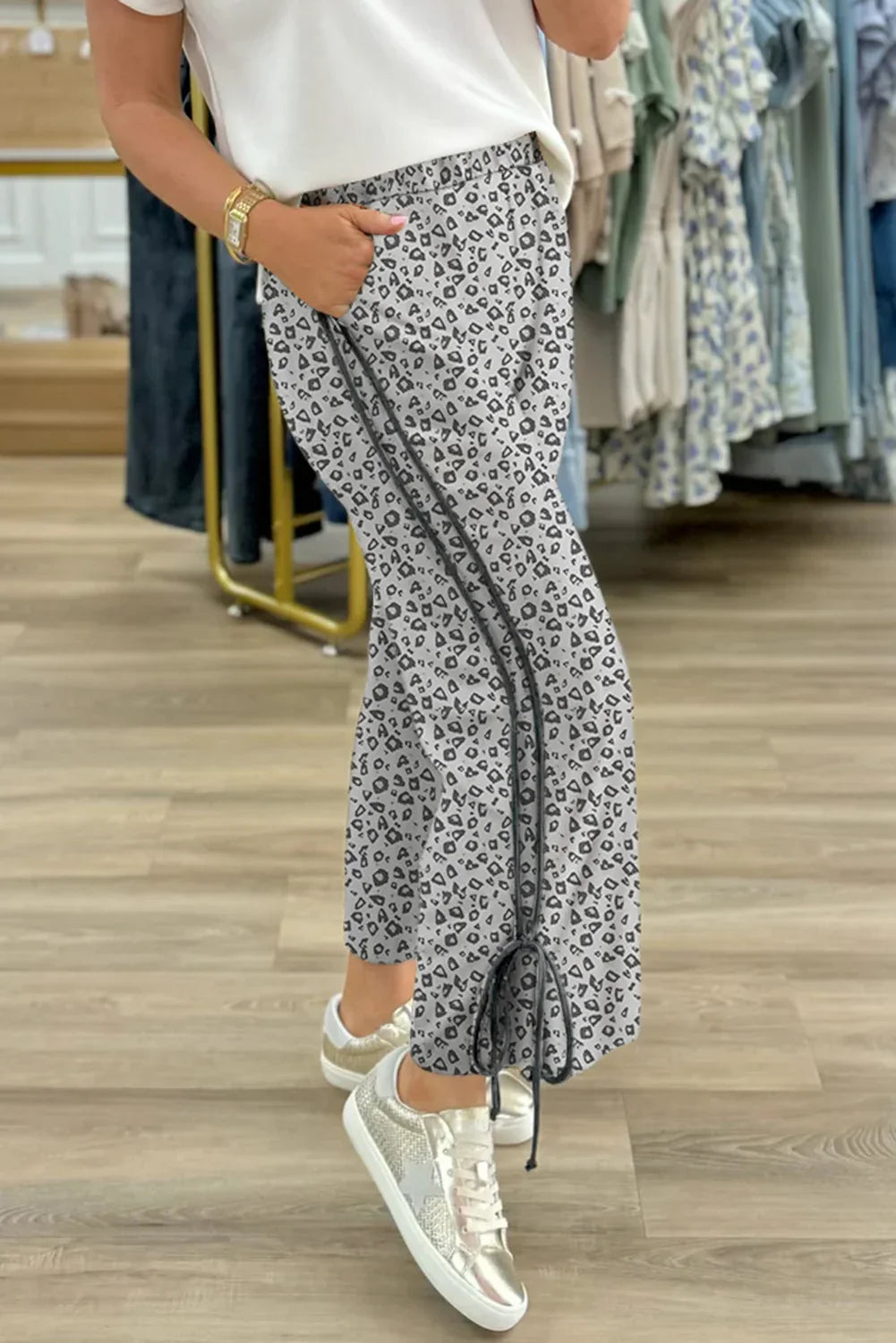 Khaki Leopard Print High Rise Knot Side Pants