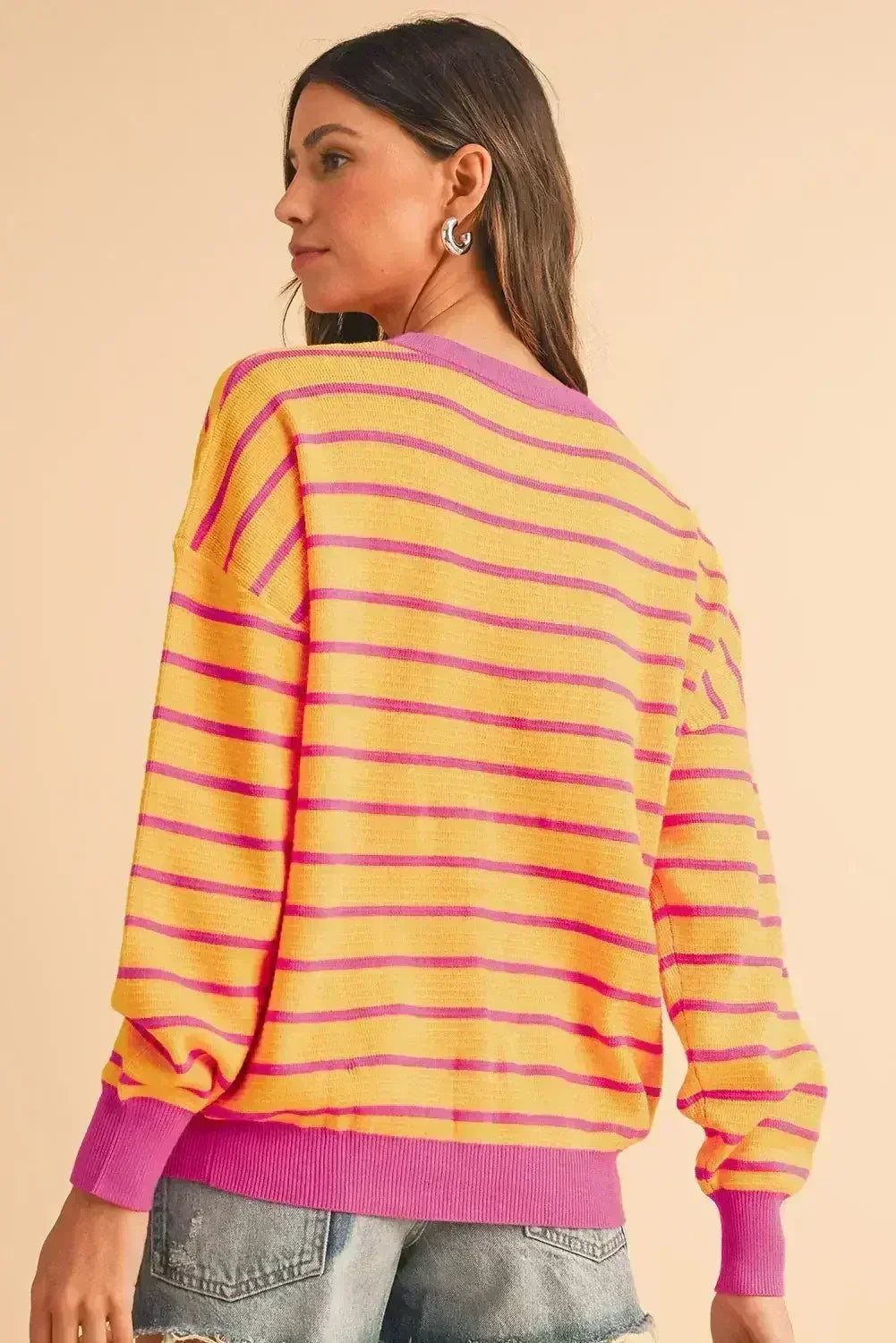 Pink Stripe Round Neck Drop Shoulder Loose Sweater - Femstylo