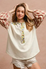 BiBi Floral Notched Plaid Balloon Sleeve Top - Femstylo