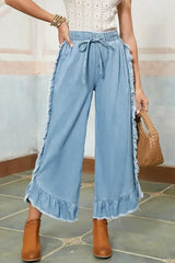 Myosotis Light Wash Raw Hem Ruffle Wide Leg Jeans - Femstylo