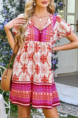Rose Boho Floral Short Sleeve Tie V Neck Mini Dress - Femstylo