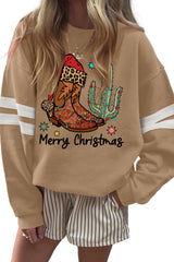 Light French Beige Merry Christmas Boots Heat Transfer Printing Varsity Baggy Sweatshirt