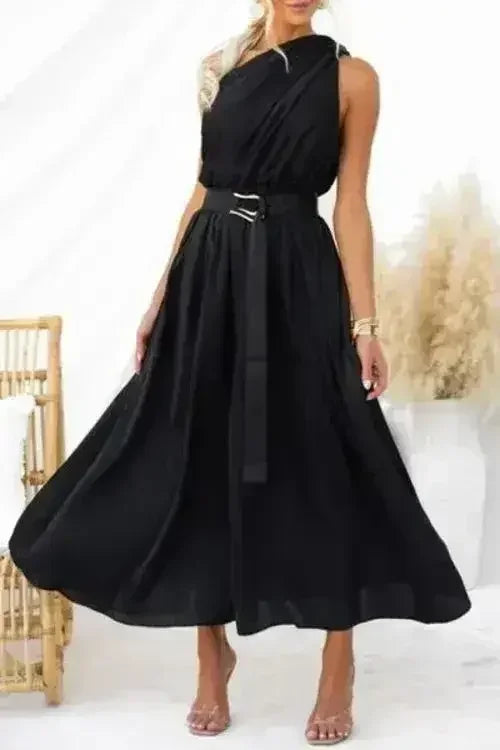 Ruched Single Shoulder Sleeveless Dress - Femstylo