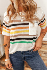 White Colorful Striped Pocket Loose Fit Knitted T Shirt