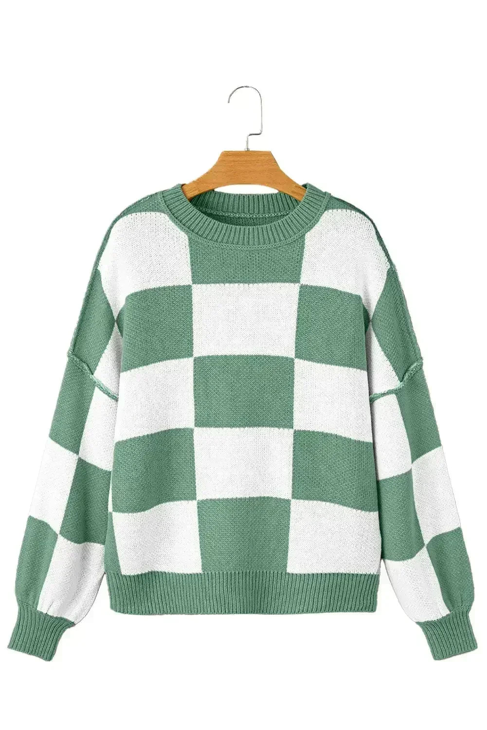 Green Checkered Bishop Sleeve Pullover Sweater - Femstylo