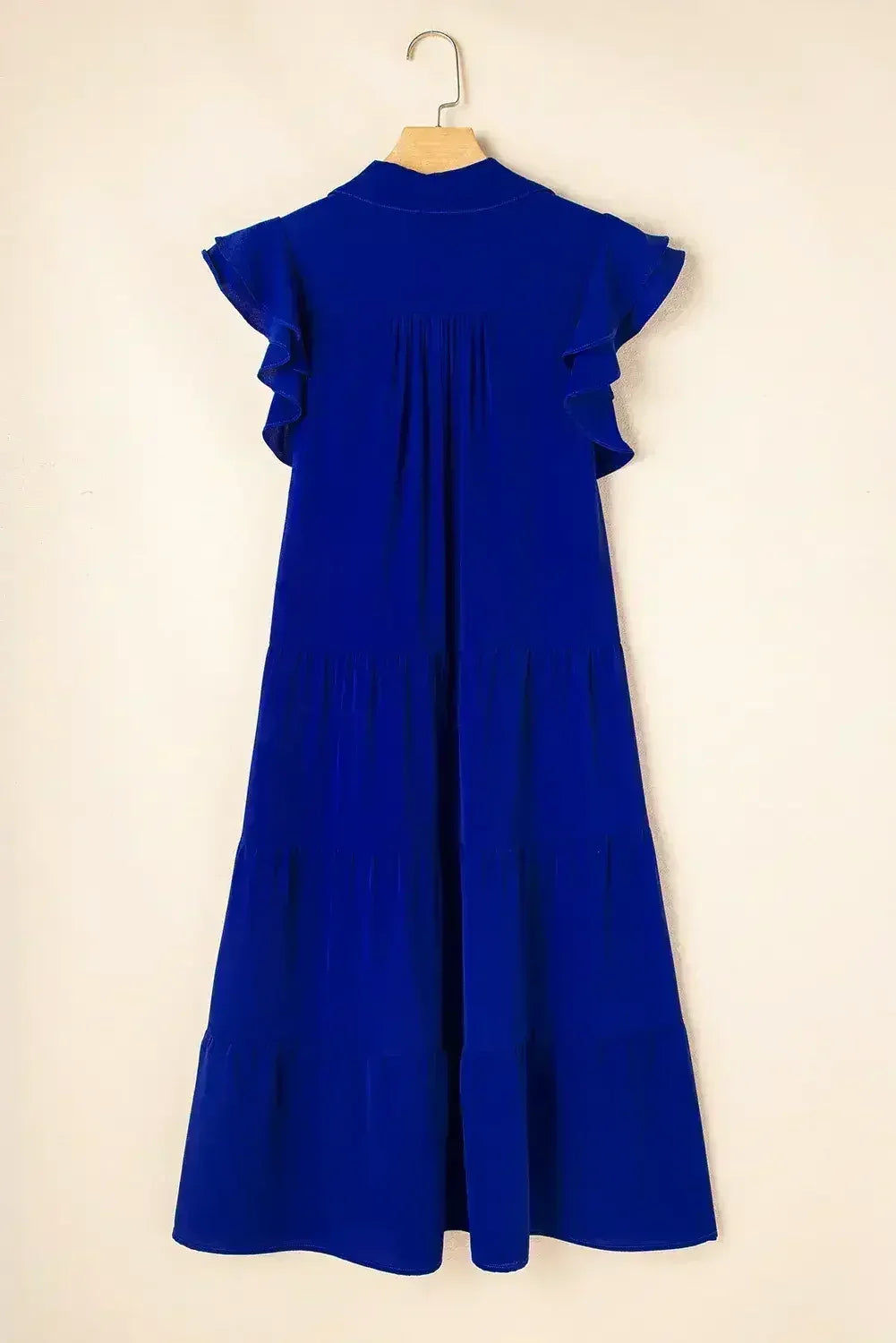 Bluing Ruffled Short Sleeve Collared V Neck Tiered Midi Dress - Femstylo