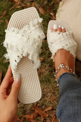 Beige Tassel Woven Crossed Straps Flat Slides Shoes - Femstylo