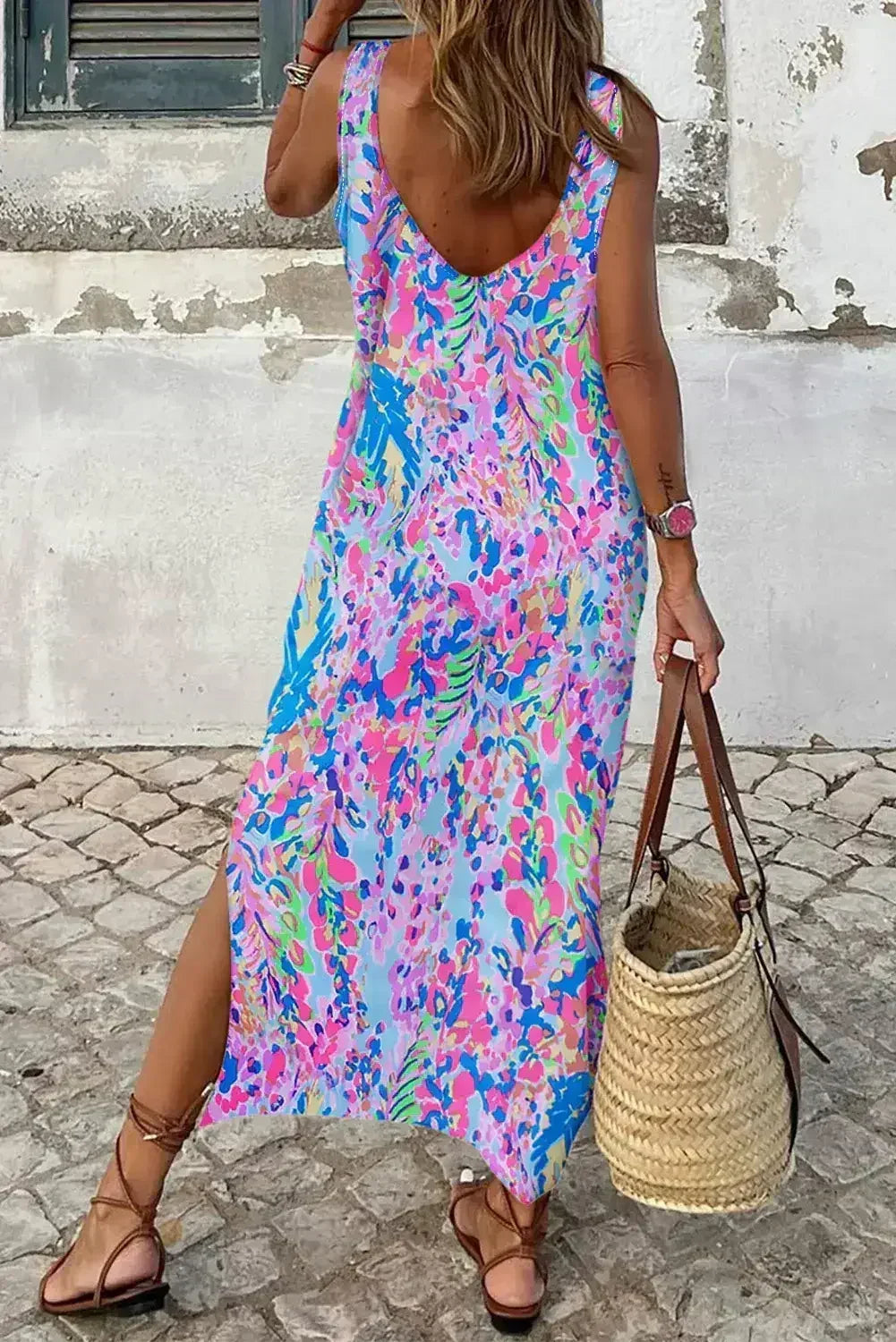 Purple Abstract Print Side Splits Round Neck Sleeveless Maxi Dress - Femstylo