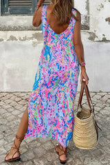 Purple Abstract Print Side Splits Round Neck Sleeveless Maxi Dress - Femstylo