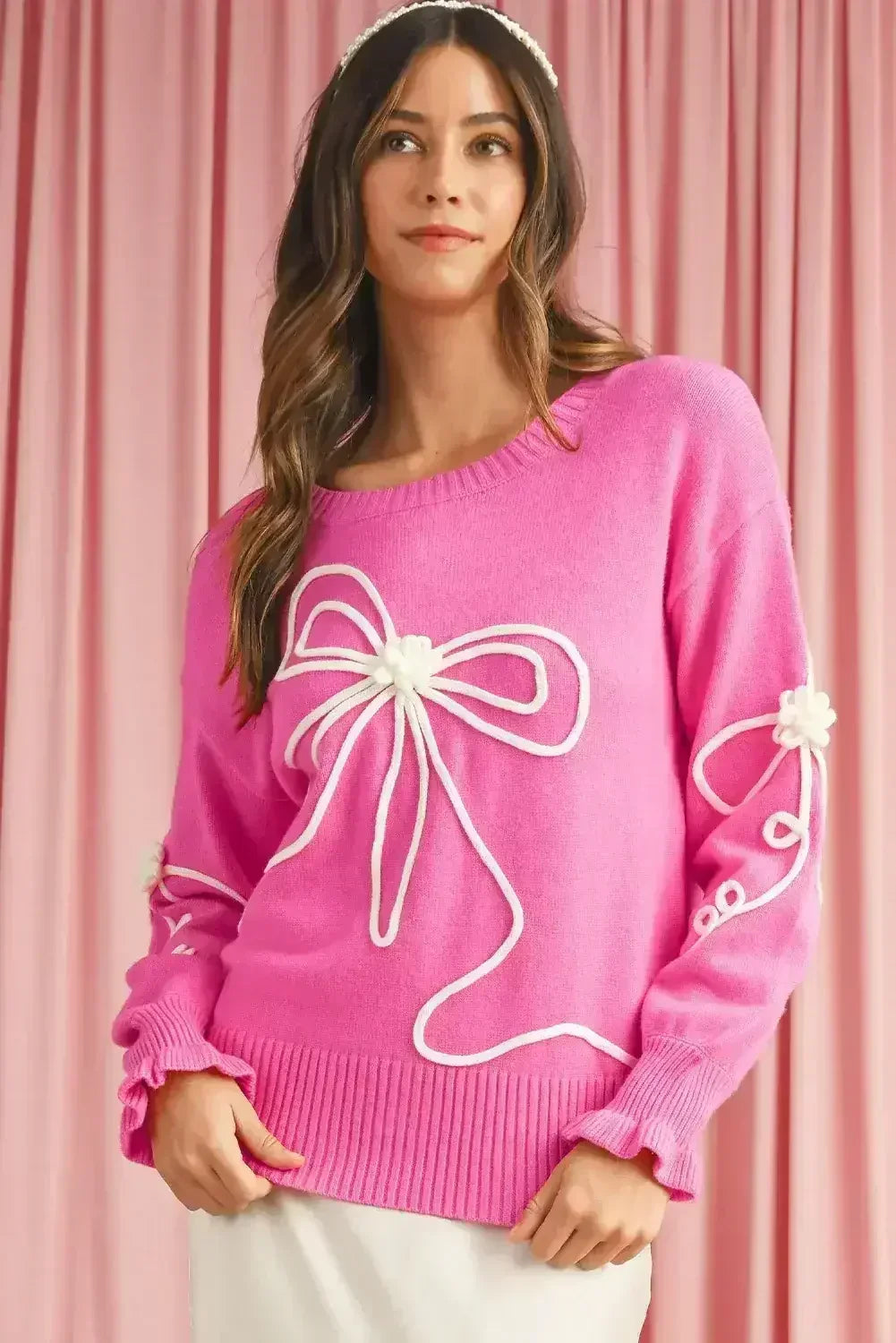Bright Pink Sweet Bow Pattern Drop Sleeve Knit Sweater - Femstylo