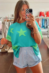 Aruba Blue Frayed Star Patched 4th of July Oversize T Shirt - Femstylo