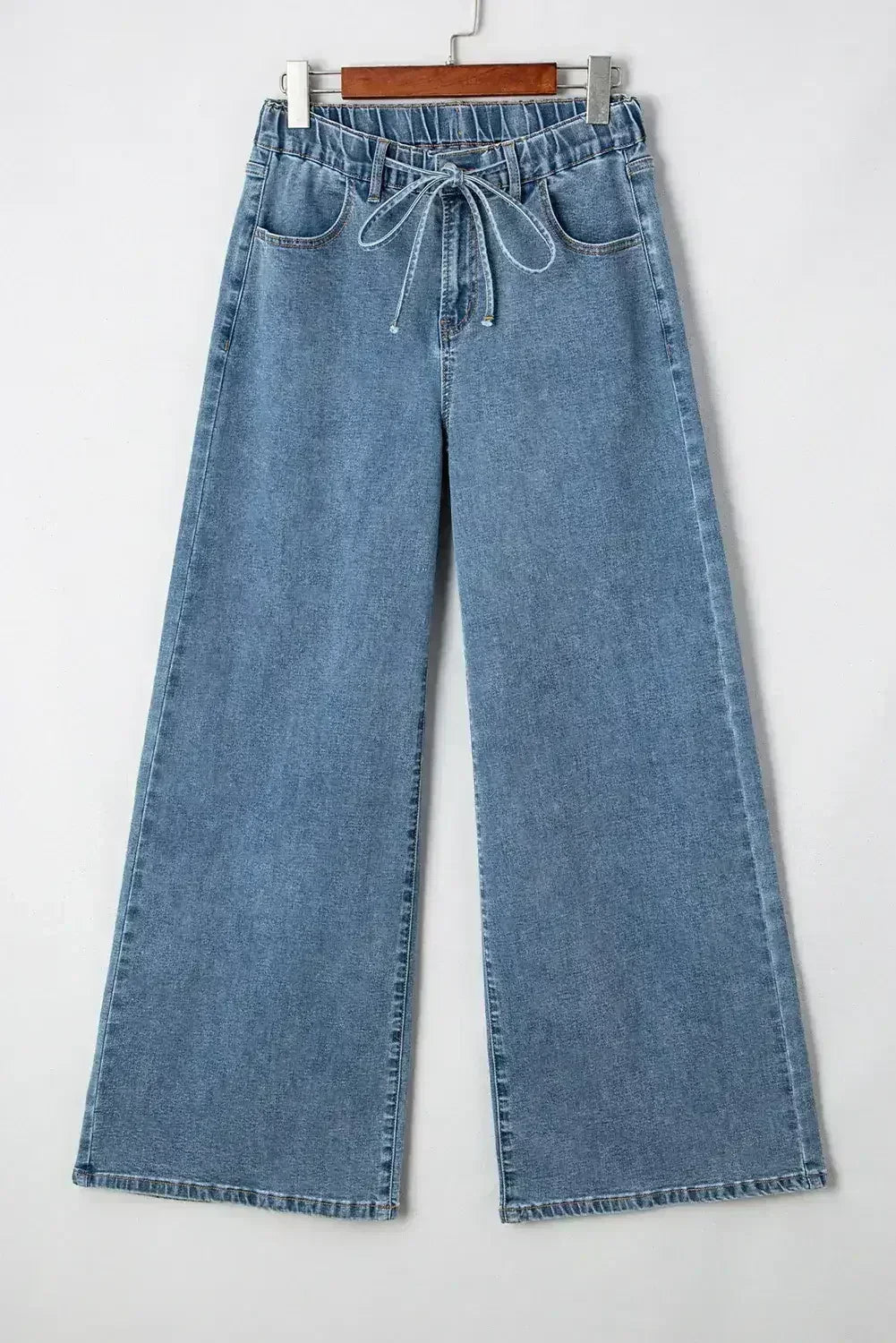 Dusk Blue Medium Wash Drawstring Waist Wide Leg Jeans - Femstylo