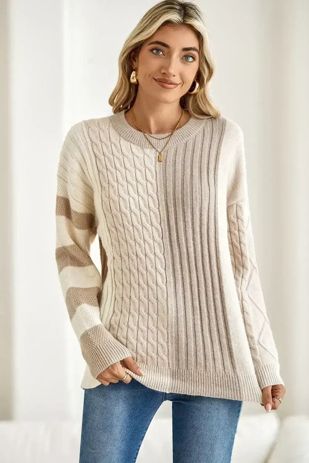 Khaki Cable Knit Colorblock Crew Neck Drop Shoulder Sweater - Femstylo