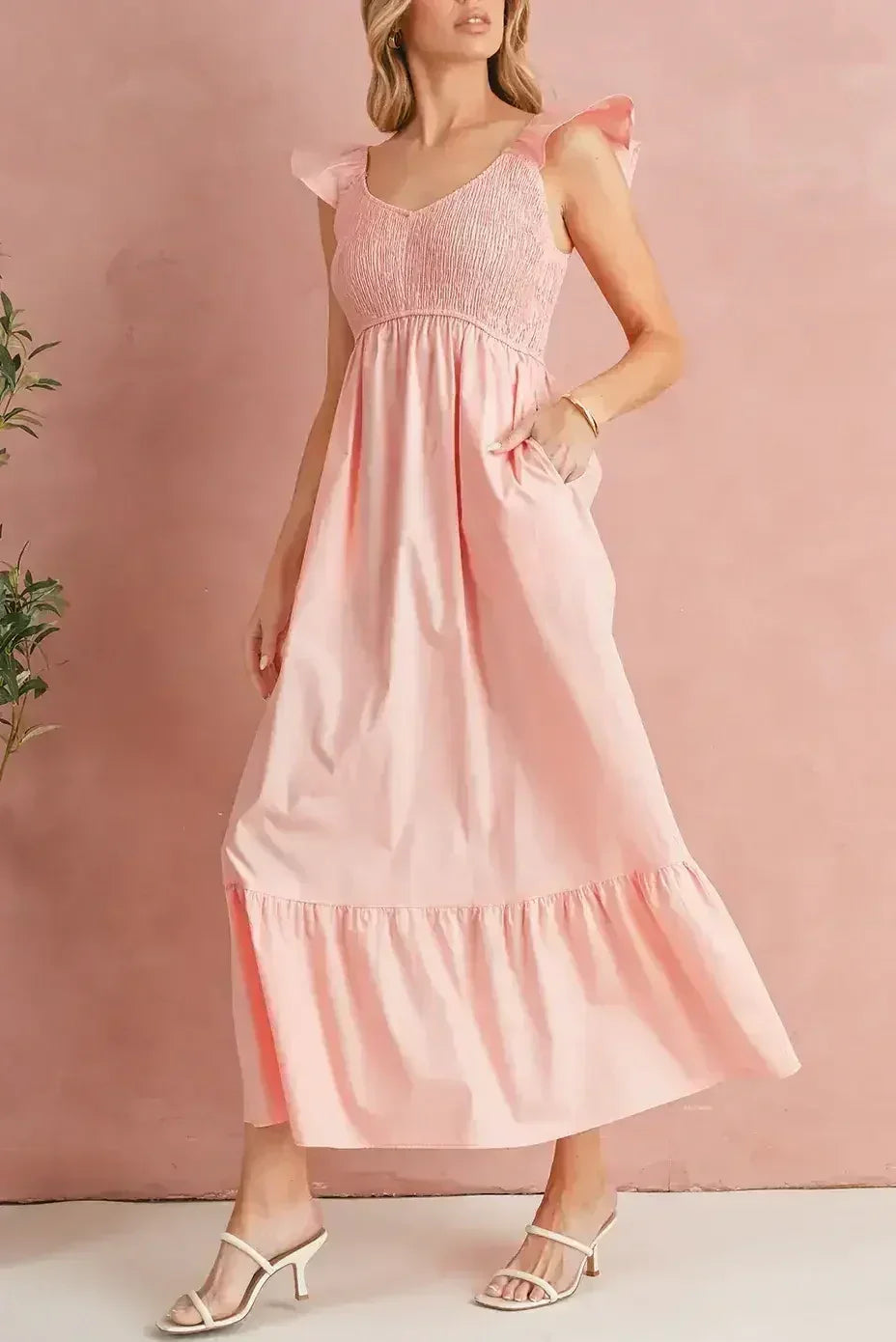 Black V Neck Flutter Sleeve Smocked Bodice High Waist Ruffle Maxi Dress - Femstylo