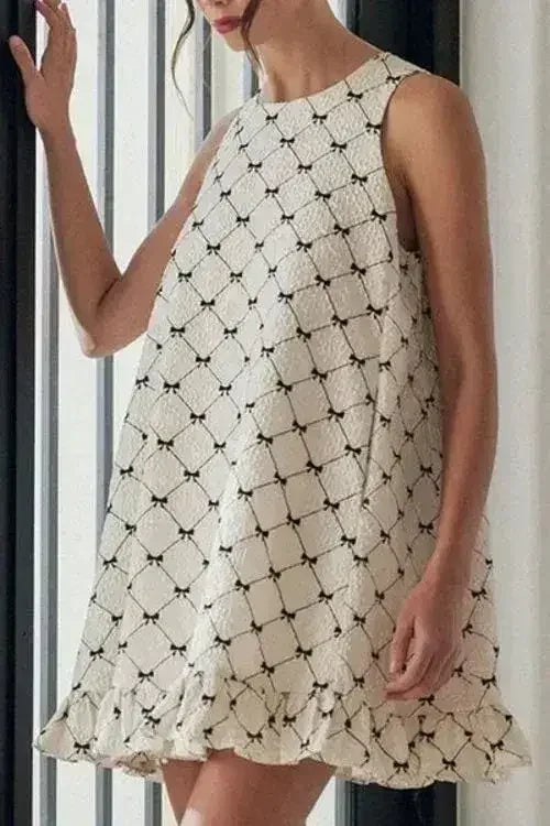 Ruffled Hem Bow Print Sleeveless Mini Dress - Femstylo