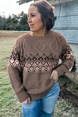 Light French Beige Geometric Pattern Crew Neck Knitted Sweater