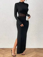 Honey Slit Mock Neck Long Sleeve Maxi Dress - Femstylo