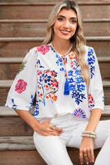 White Boho Floral Fringe Tie V Neck Blouse