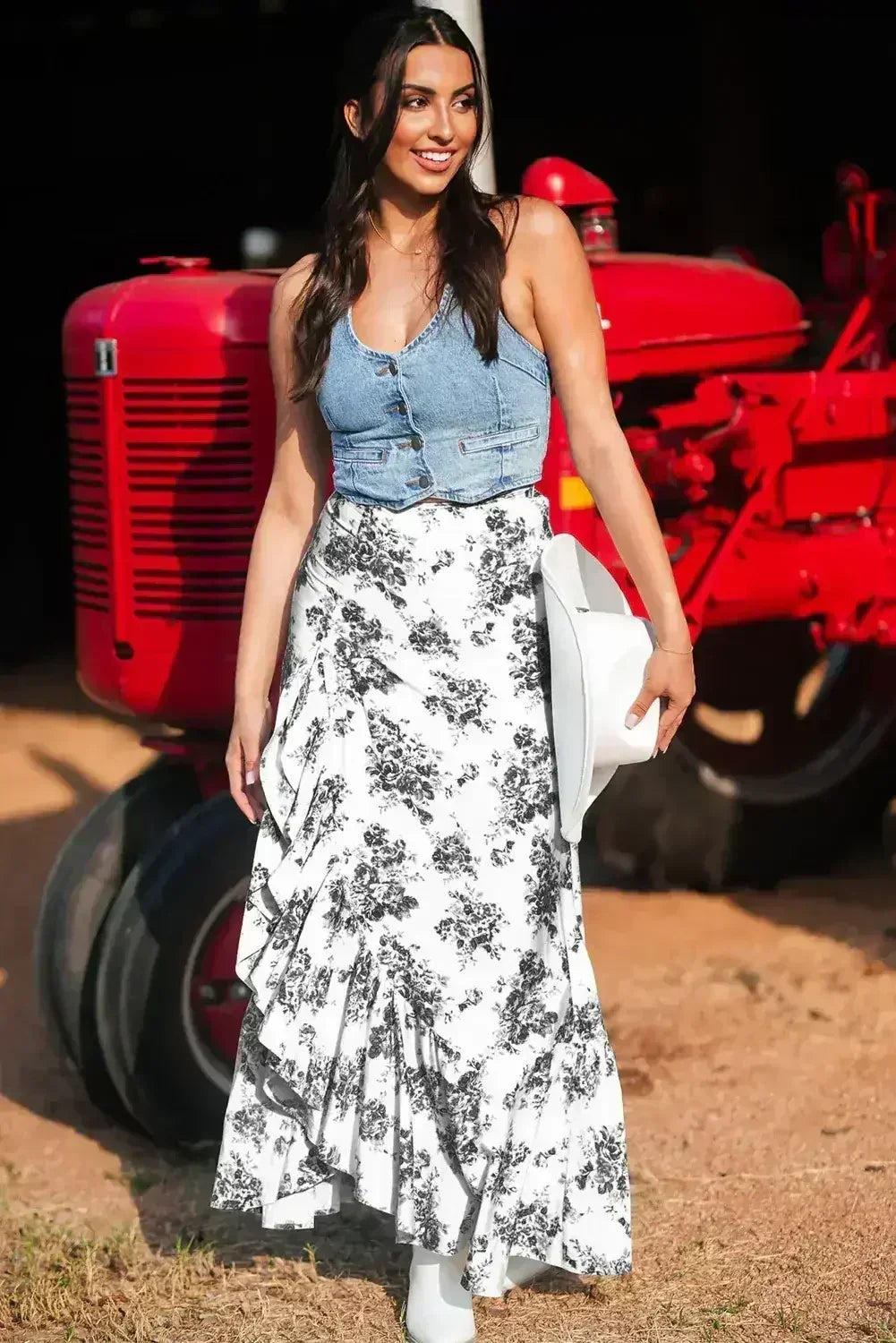 Sky Blue Boho Floral High Waist Ruffle Split Maxi Skirt - Femstylo