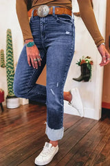 Real Teal Folded Cuffs Distressed High Waist Jeans - Femstylo