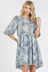 Mittoshop Flower Print Linen Blend Babydoll Mini Dress - Femstylo
