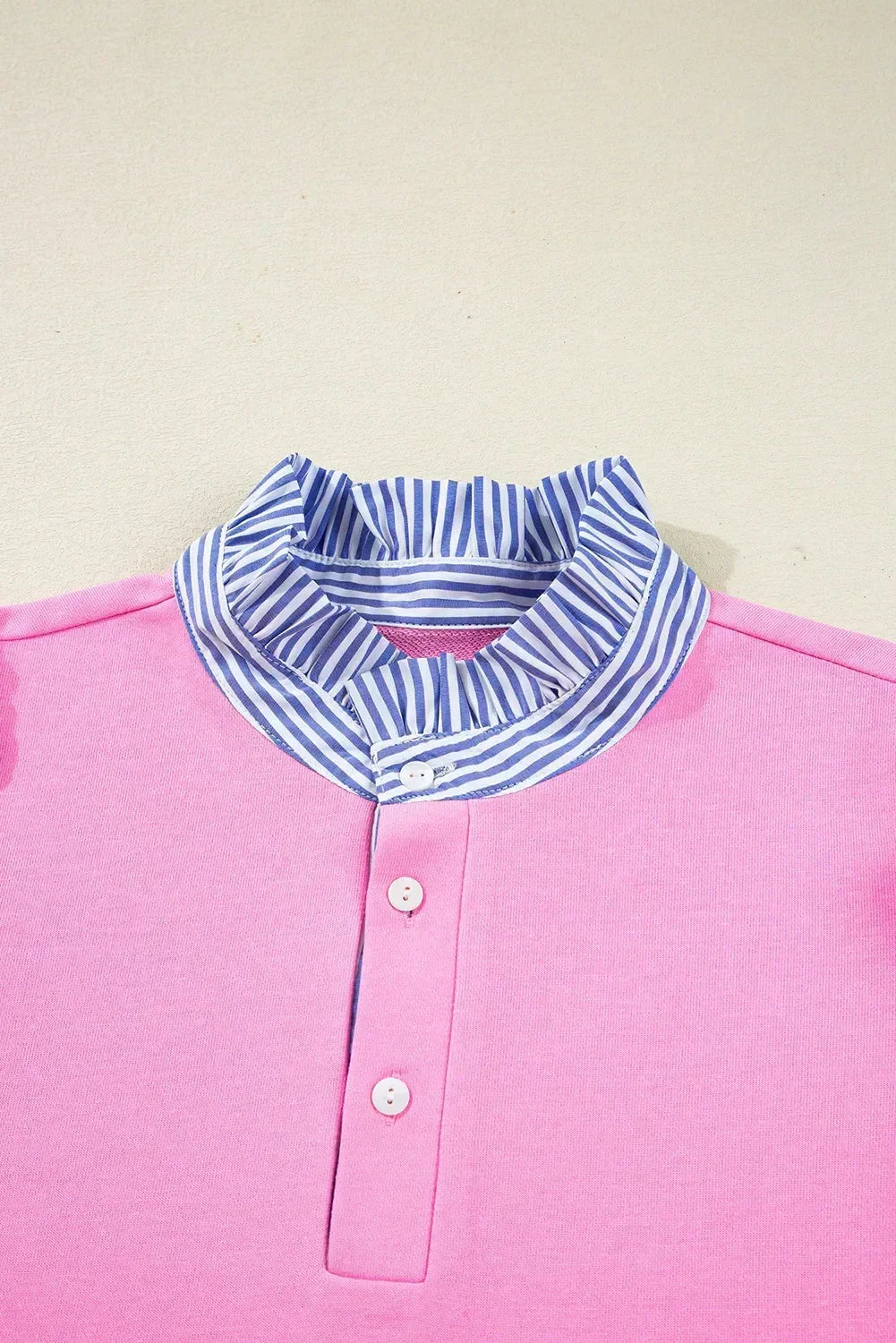 Pink Striped Collar Long Sleeve Ruffle Hem Dress