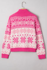 Rose Red Christmas Snowflake Quarter Zip Collard Sweater