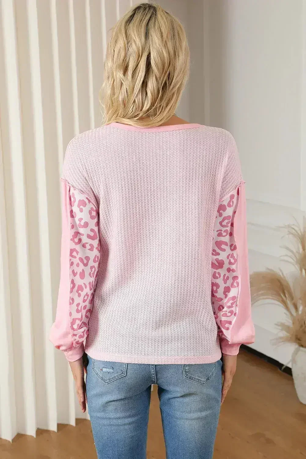 Pink Leopard Patchwork Waffle Top - Edgy Knitwear | Femstylo - Femstylo