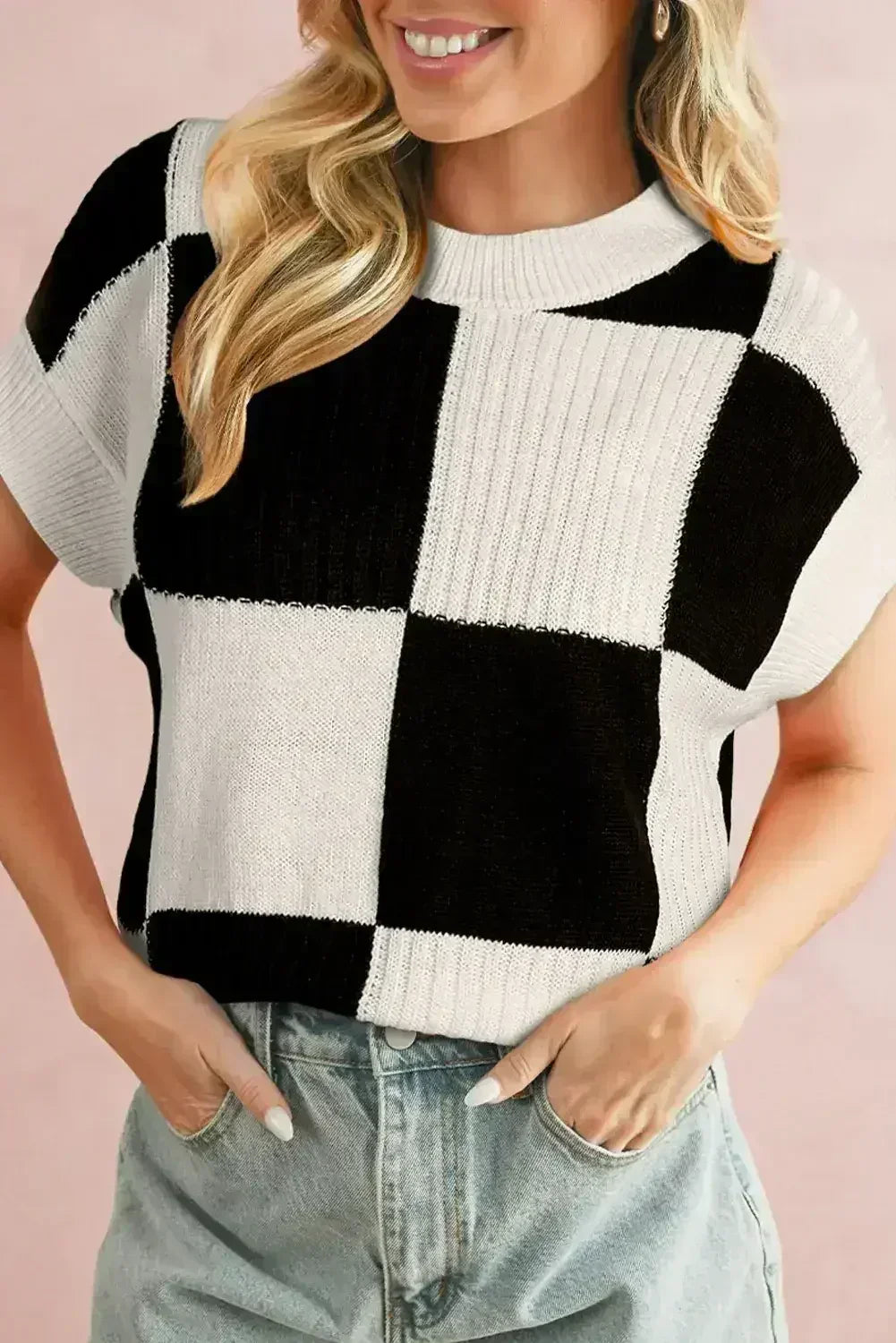 Light Blue Checkered Color Block Crew Neck Short Sleeve Sweater - Femstylo