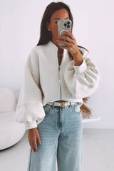 White Solid Color Zip Up Knit Puff Sleeve Jacket