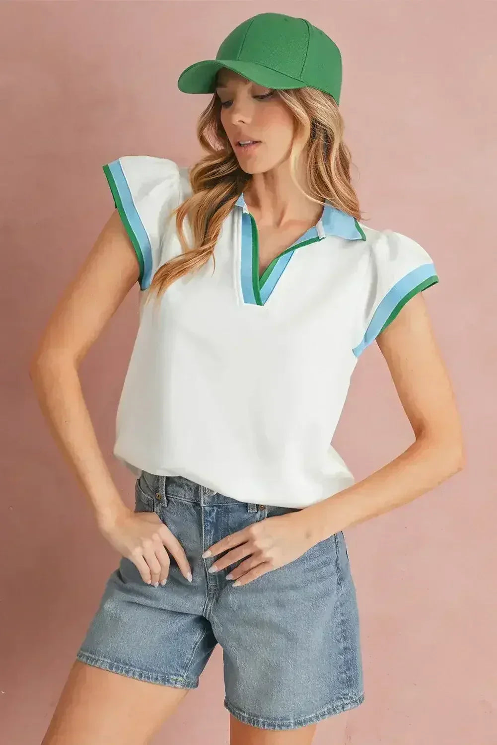Beau Blue Color Collared V Neck Ruffle Sleeve Blouse | Femstylo - Femstylo
