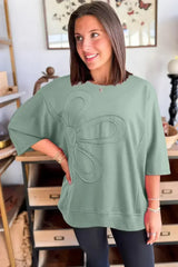 Clearly Aqua Solid Color Floral Patched Half Sleeve Tunic Top - Femstylo