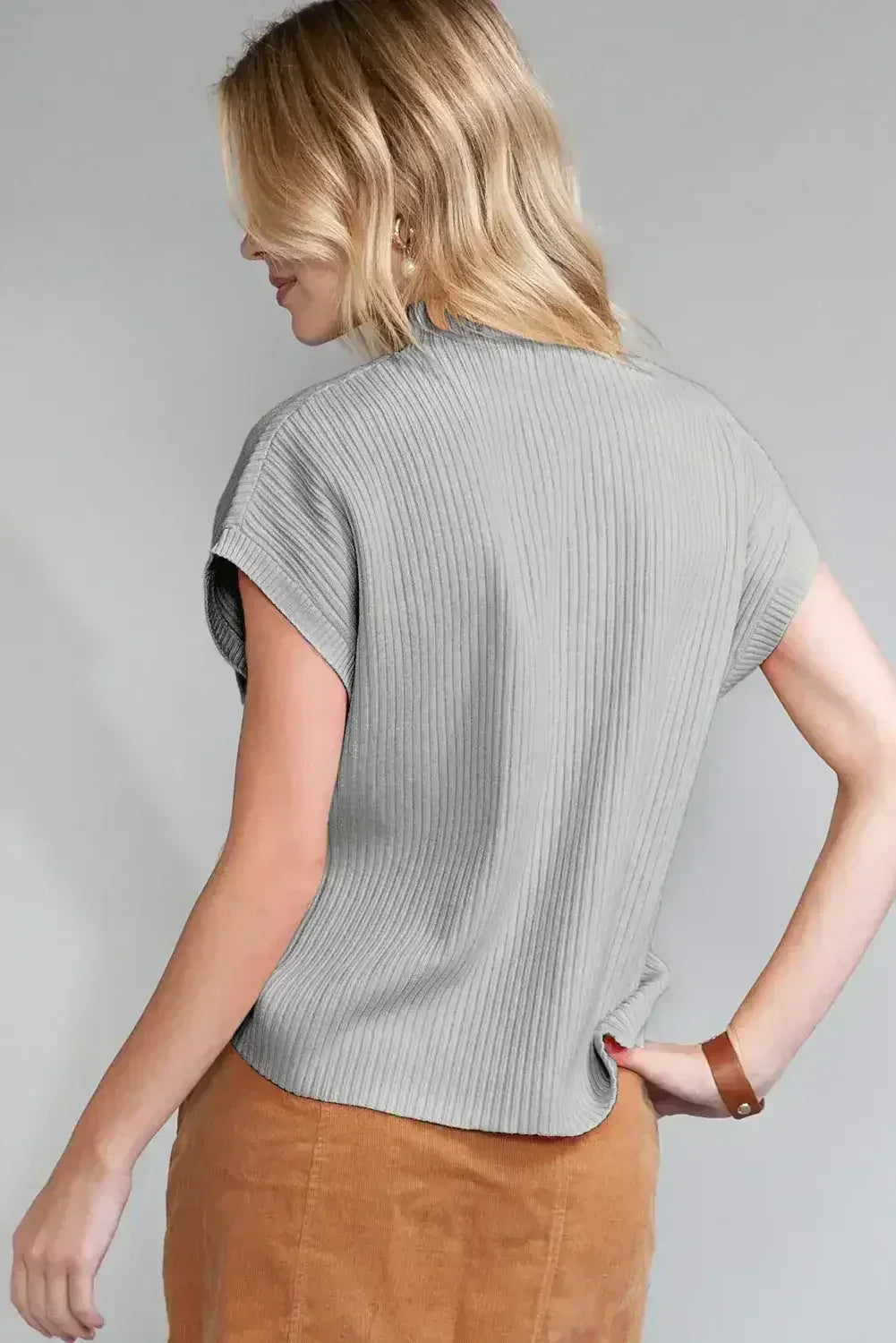Mineral Red Patch Pocket Ribbed Knit Short Sleeve Sweater - Femstylo