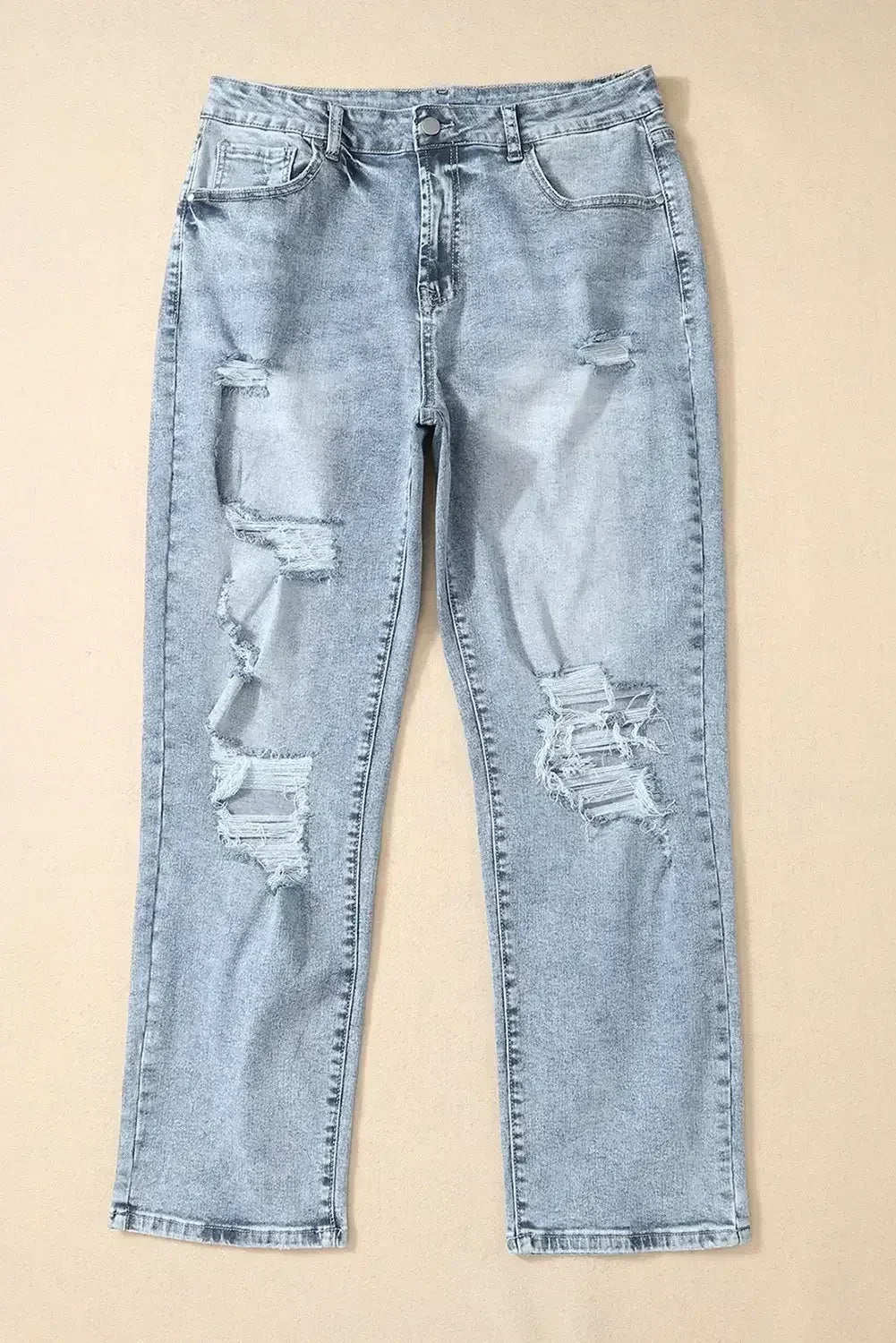Sky Blue Light Wash Frayed Slim Fit High Waist Jeans - Femstylo