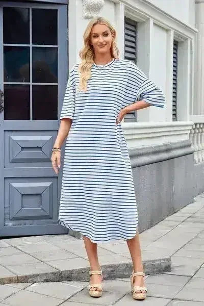 Lovelet Contrast Striped Half Sleeve Midi Tee Dress - Femstylo