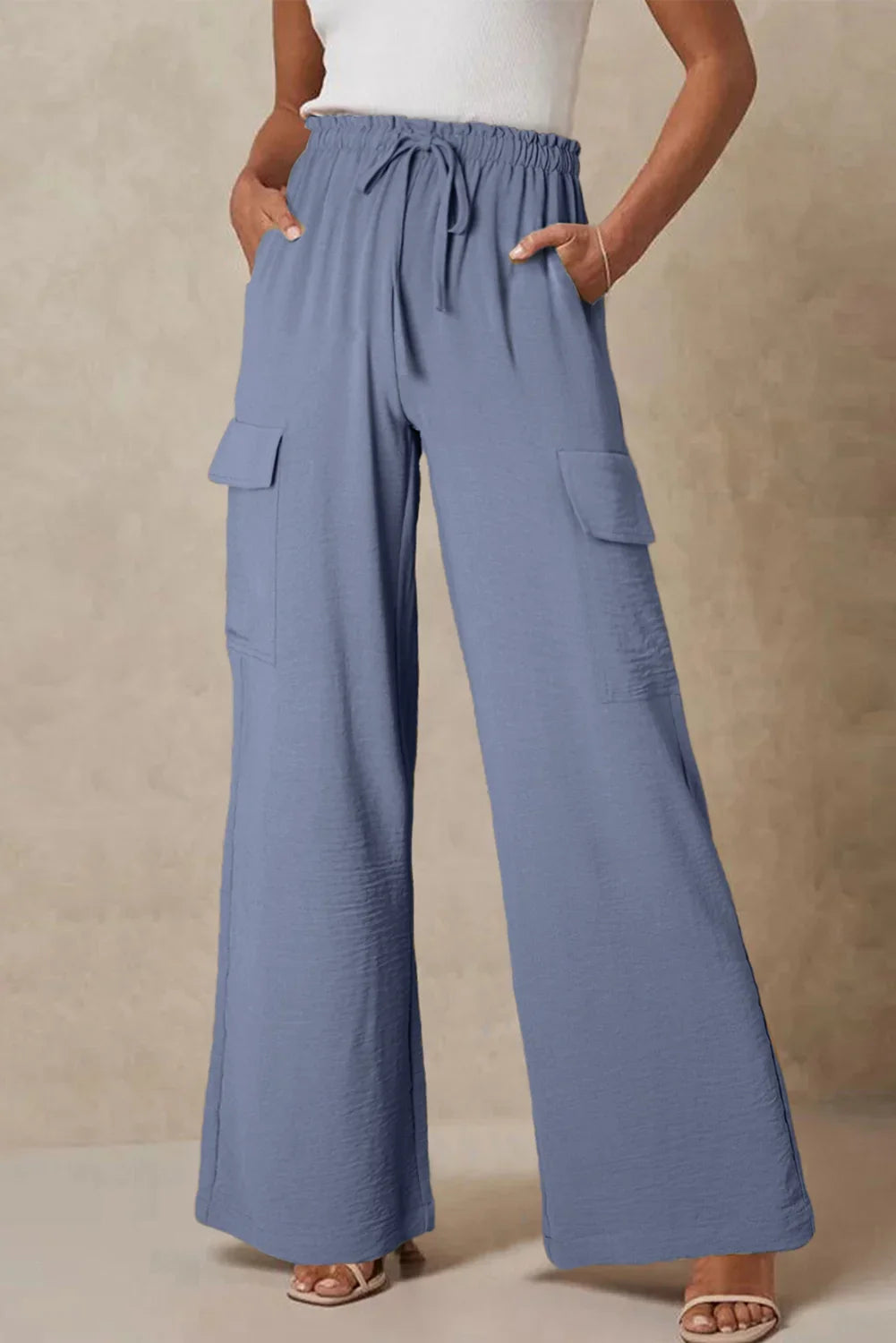 Dark Grey Drawstring Smocked Waist Wide Leg Utility Trousers