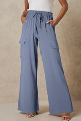 Dark Grey Drawstring Smocked Waist Wide Leg Utility Trousers