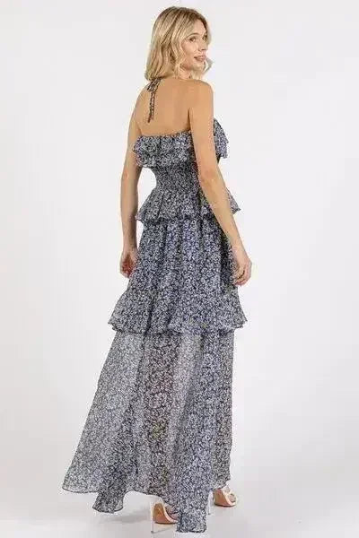 Mittoshop Ruffled Smocked Floral Halter Neck Maxi Dress - Femstylo