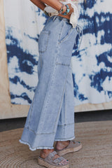 Beau Blue Drawstring Seam Detail Raw Hem Wide Leg Jeans