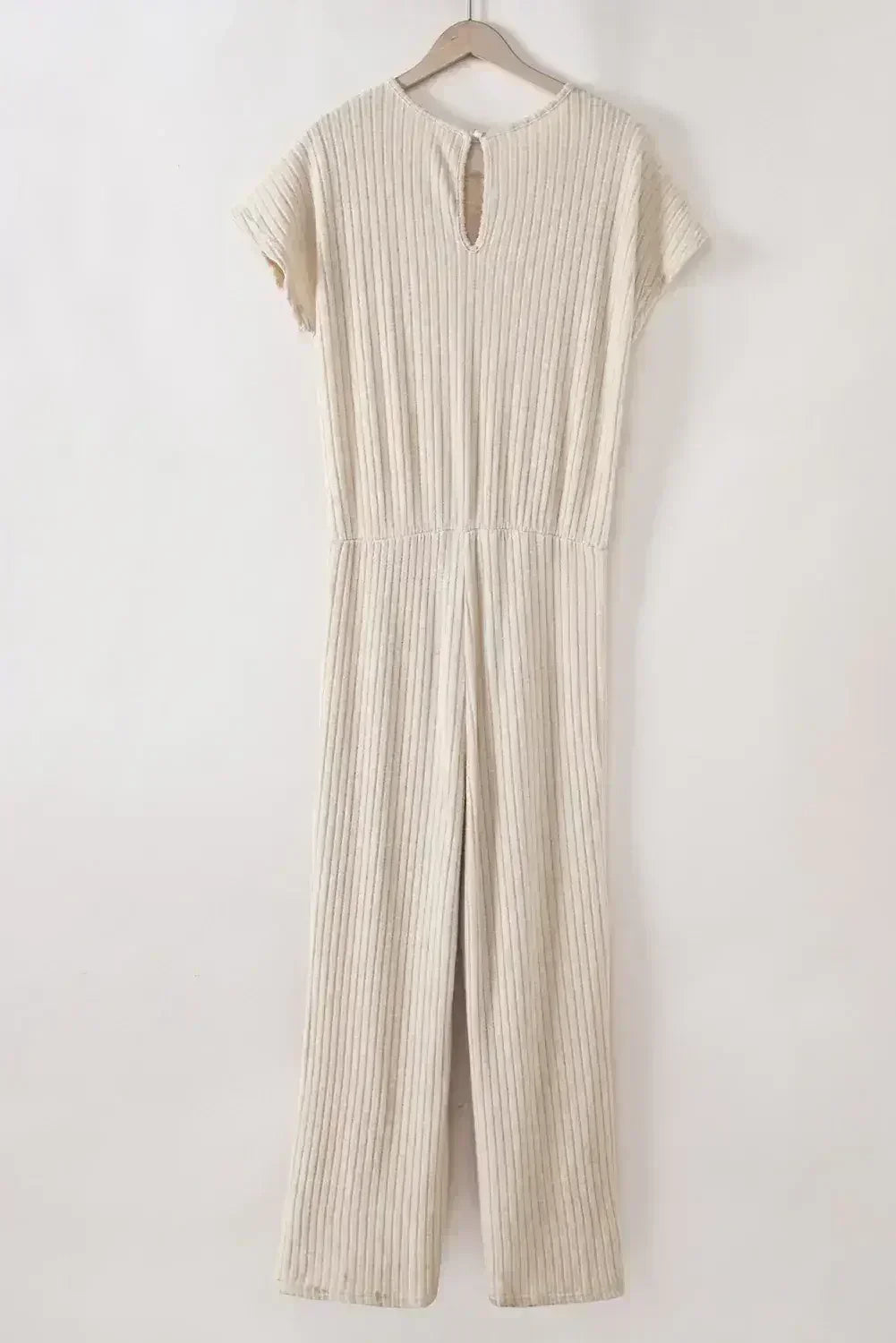 Rose Red Solid Color Ribbed Short Sleeve Wide Leg Jumpsuit - Femstylo