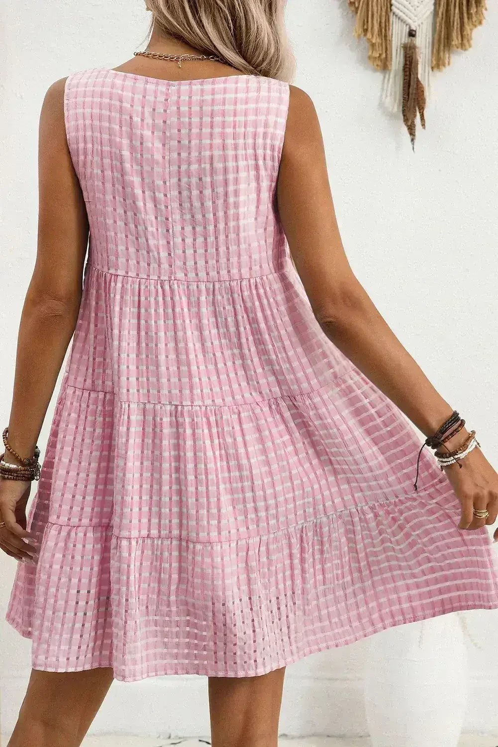 Light Blue Gingham High Waist Sleeveless Mini Dress - Femstylo