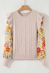 Parchment Cable Knit Ruffle Detail Contrast Floral Sleeve Patchwork Sweater