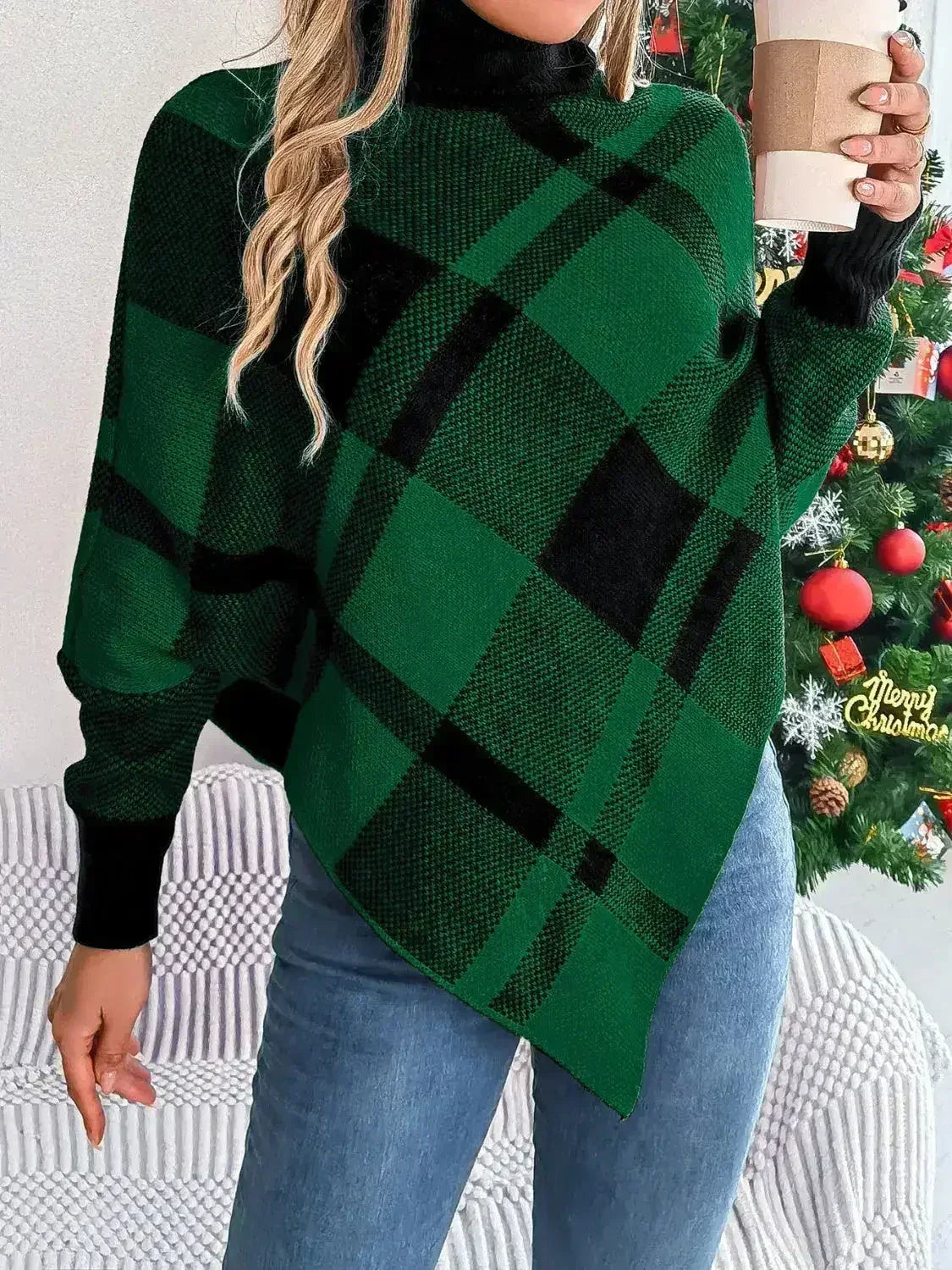 Plaid Turtleneck Batwing Sleeve Sweater - Femstylo
