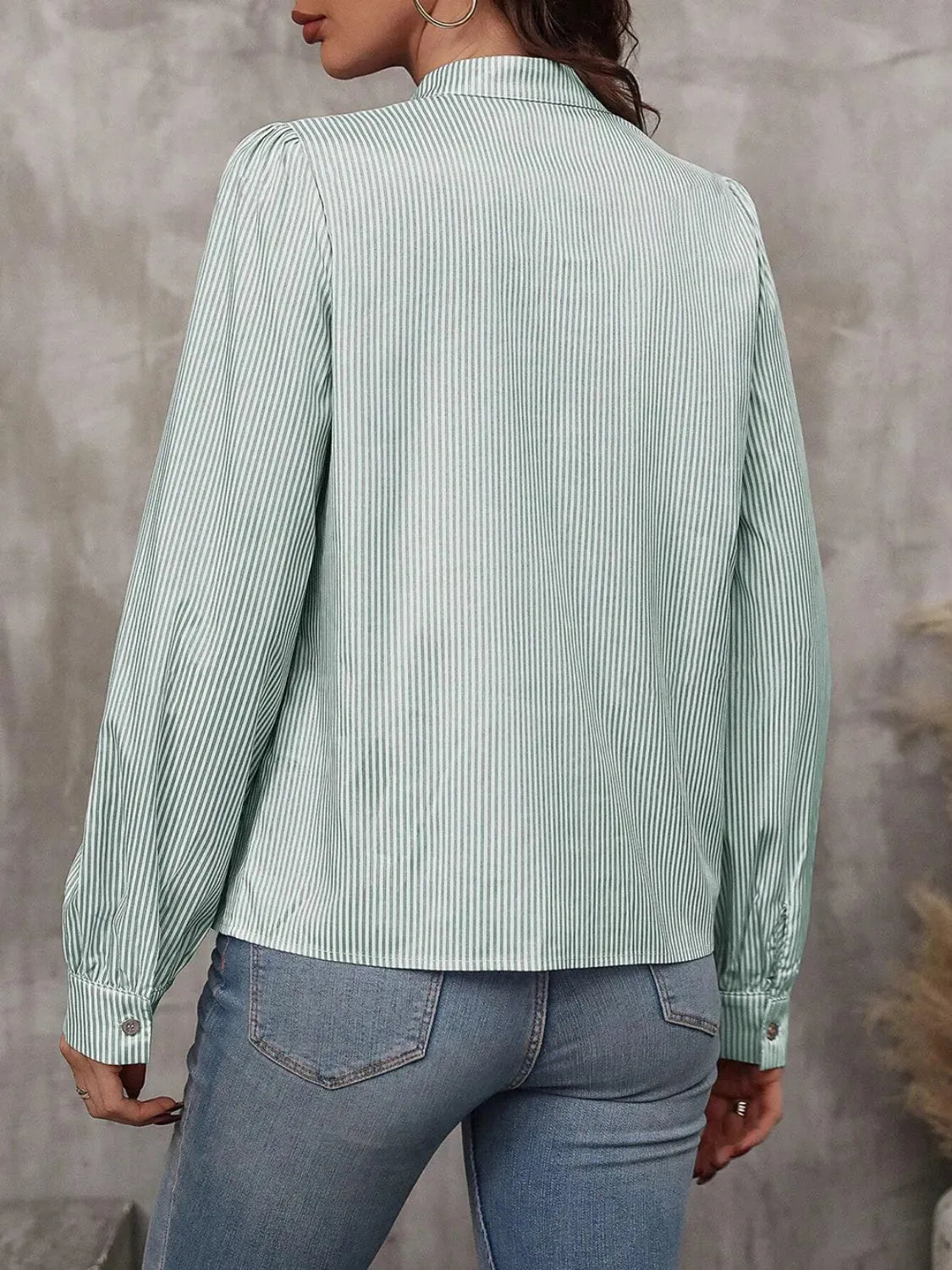 Striped Tie Neck Long Sleeve Blouse - Femstylo