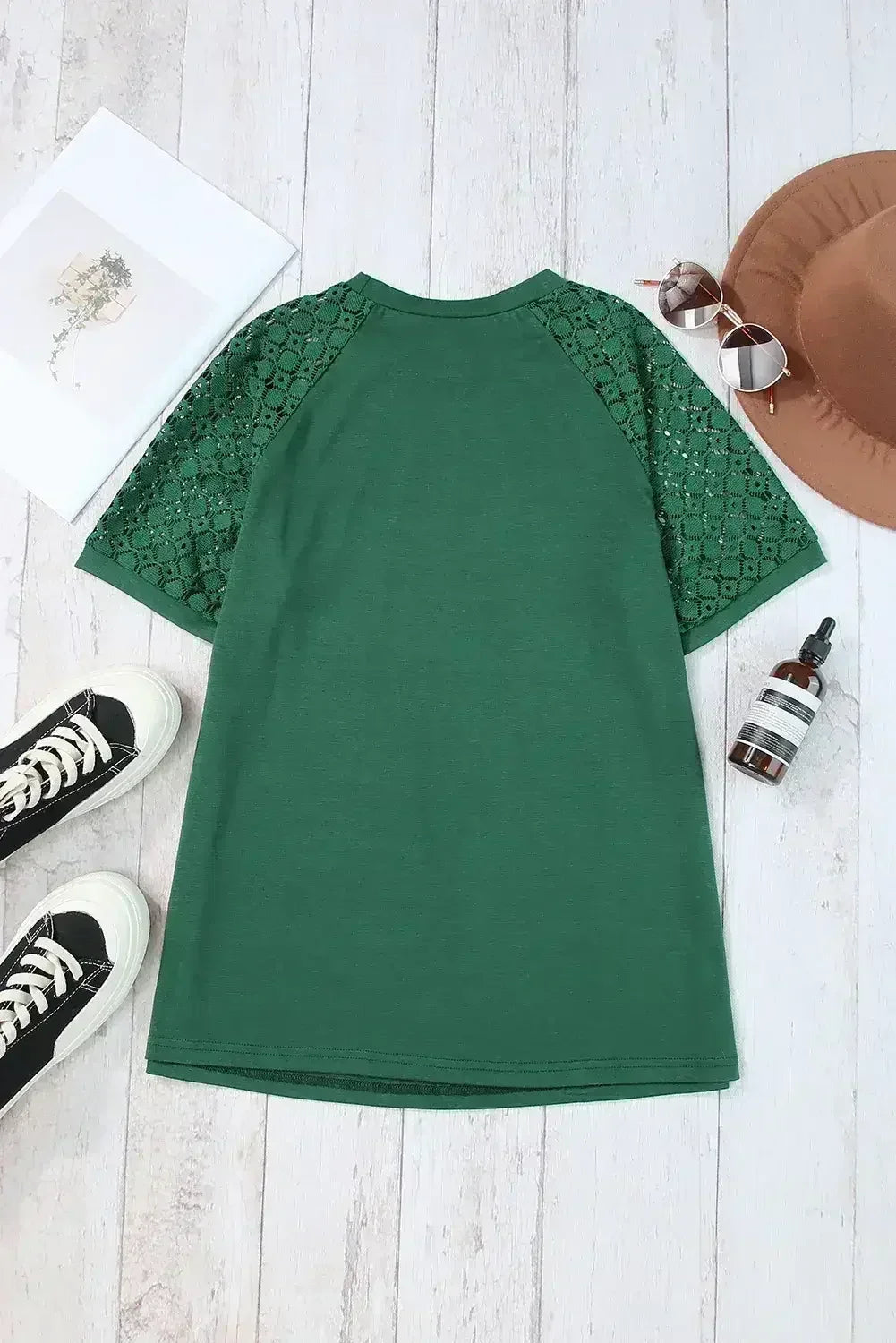 Pale Khaki Seamed Detail Contrast Lace Raglan Sleeve Tee - Femstylo