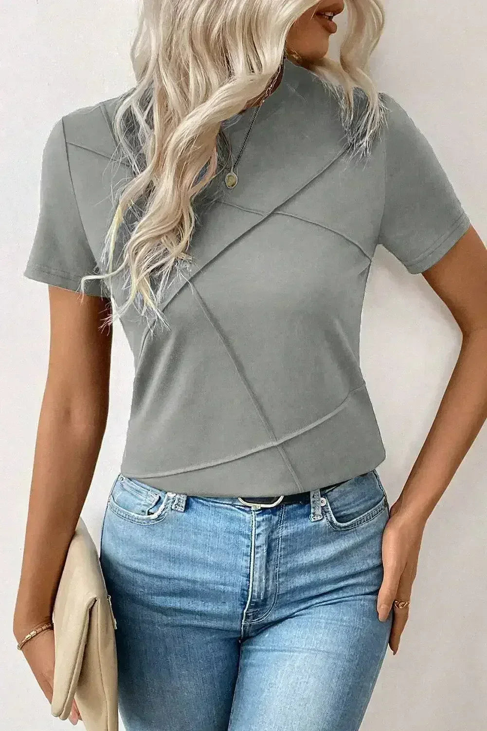 Dirty Blue Solid Color Round Neck T Shirt - Femstylo