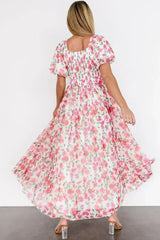 Pink Plus Size Floral Square Neck Puff Sleeve Ruffle Maxi Dress - Femstylo