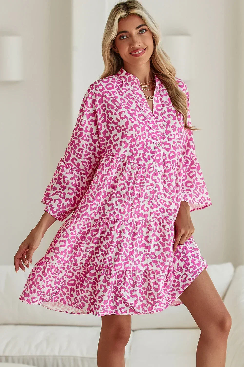 Bright Pink Leopard Print Flounce Sleeve Mini Dress